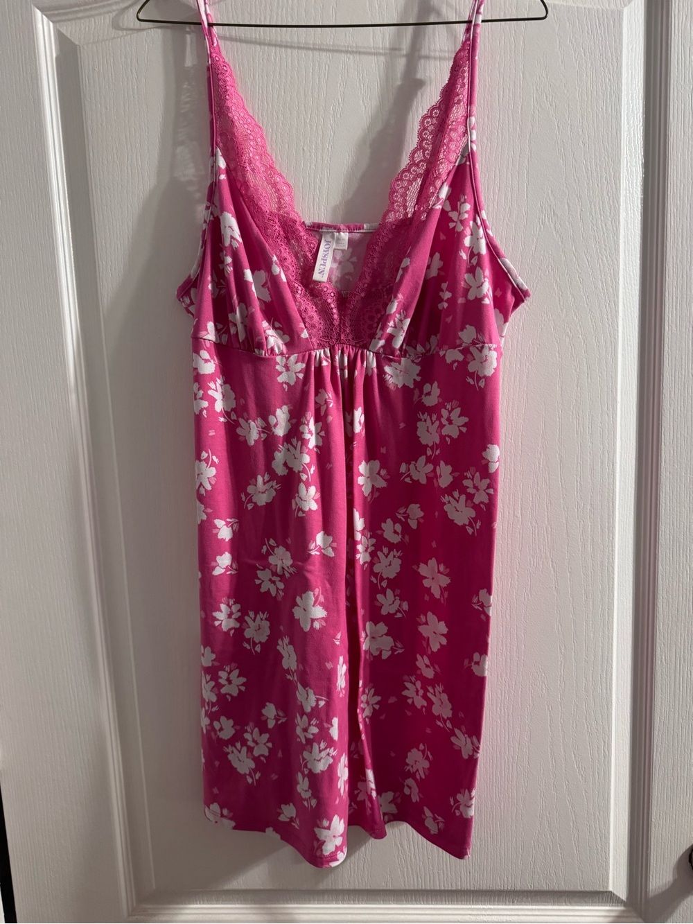 Feminine Hot Pink Floral Lace-Trim Chemise with Adjustable Straps
